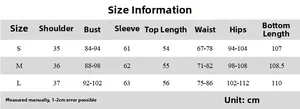 Detailed size chart for women's French sports set showing measurements in cm for S to L