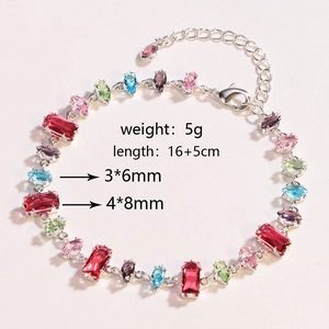 Detail view of colorful zircon bracelet with silver chain, 5g weight and 16+5cm length