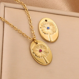 Bohemian stainless steel oval flower pendant necklace with red and blue crystals