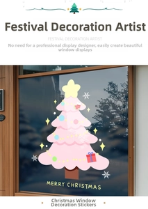 Detail of pink Christmas tree window sticker with Merry Christmas text and festive patterns