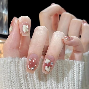 Long Coffin Press On Nails Blush Pink Gradient With Heart And Rhinestone Sweet Elegant Glossy Fake Nails For Women