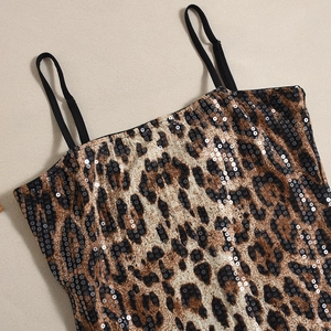 Detail of leopard print sequin camisole with gold glitter and thin black straps
