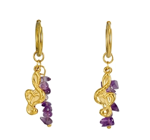 Detail of 18k gold plated treble clef earrings with natural purple amethyst stones