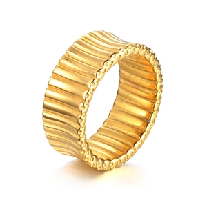 Minimalist gold stainless steel ring with ripple texture and beaded edge design