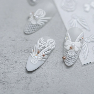 Stereoscopic 5D embossed white rose nail stickers with pearls and floral 3D nail art design