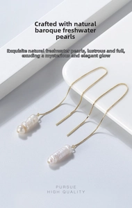 Detailed macro view of S925 silver long box chain earrings with natural baroque pearls
