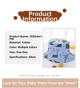 Detailed size chart for light blue cotton baby bucket hat with colorful dinosaur patterns