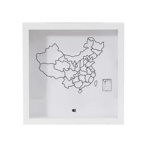 Detail view of white wooden shadow box with China map for travel ticket and coin storage