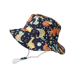 Kids wide brim sun hat with cartoon dinosaur print and adjustable chin strap in navy blue