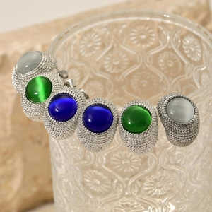 316 stainless steel earrings with cat eye stones in blue green and white colors