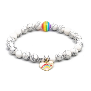 Rainbow bead bracelet with white marble stone and gold heart charm on white background