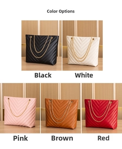 Detailed grid of embroidered quilted tote bags in five colors with gold chain straps