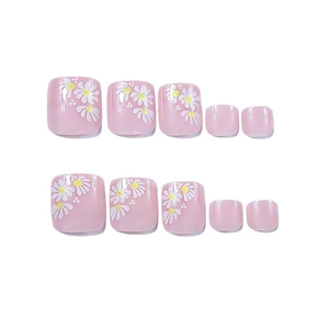 Unghie finte piedi quadrate lucide rosa chiaro con decorazioni a margherita bianca