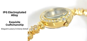 Macro side view of luxury gold-plated alloy watch with sparkling crystal encrusted bezel