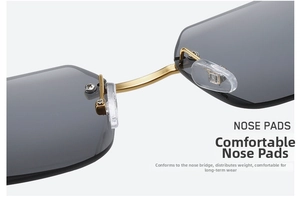 Detail of adjustable nose pads and gold bridge on rimless sunglasses for comfort