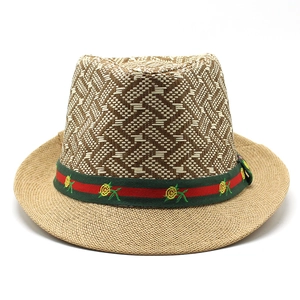 Straw Fedora sun hat with wide brim and floral ribbon decoration for summer beach wear