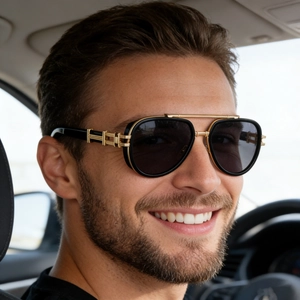 Man wearing vintage pilot sunglasses with gold metal frame and black lenses in a car