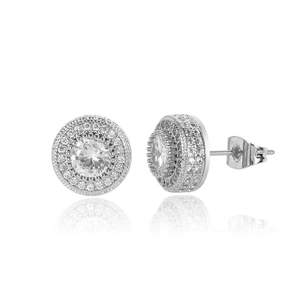 Macro detail of silver stud earrings featuring a round halo of brilliant cubic zirconia
