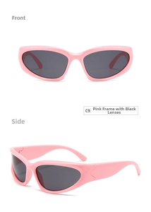 Pink Y2K sporty sunglasses with dark gray lenses shown in front and side views