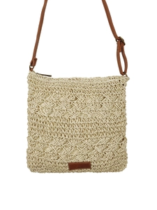 Summer hollow woven paper rope crossbody beach bag with adjustable brown leather strap