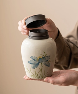 Close-up of ceramic lotus tea canister with blue flower art held by hand