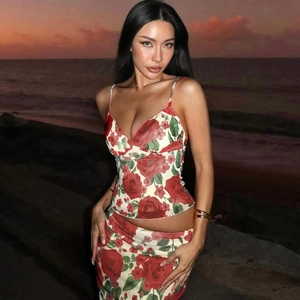 Floral two-piece set with red rose print V-neck crop top and skirt for beach summer