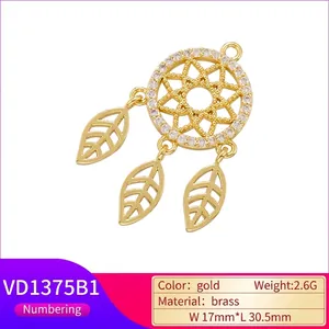 Golden brass dreamcatcher pendant with zircons and leaf tassels, 17mm by 30.5mm size