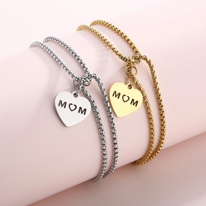 Double-layer stainless steel MOM heart pendant bracelet with pearl chain in gold and silver