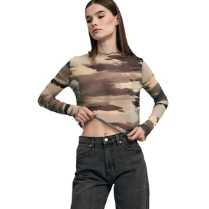 Body sexy da donna in mesh a maniche lunghe con stampa leopardata beige e marrone