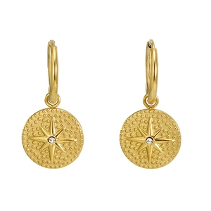 Vintage 18K gold plated stainless steel hoop earrings with starburst coin pendant