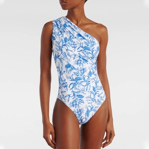 Elegant one-shoulder floral swimsuit with blue botanical print and ruched waist detail