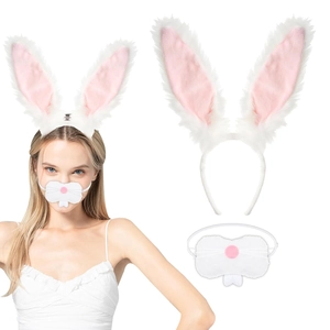 Detail of white plush bunny ears headband and whiskers mask set for Easter costumes