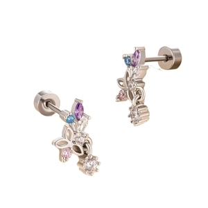 Floral zircon pendant screw back earrings in titanium steel with colorful gemstones