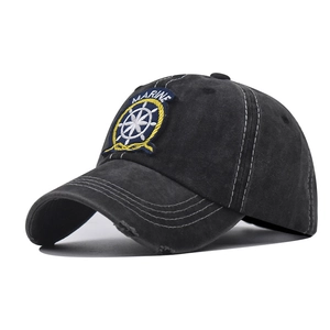Deep grey washed cotton baseball cap with Marine anchor embroidery and distressed brim detail