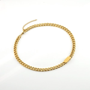 18K gold plated stainless steel Cuban link necklace with rectangular ID plate on white