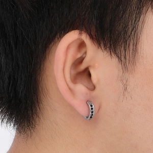 Silver titanium cross design hoop earrings with black zircon stones for men