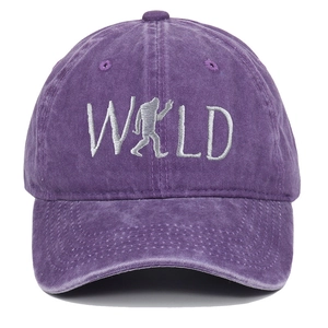 Vintage purple washed cotton baseball cap with white WILD Bigfoot embroidery for men and women