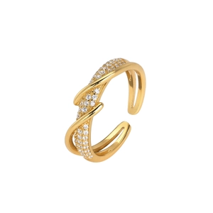 Golden S925 sterling silver open ring with crisscross design and sparkling white zircons