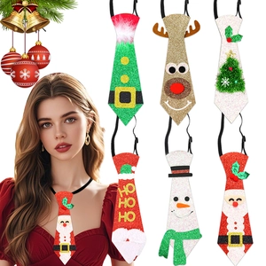 Detail showing glitter Christmas neckties with various festive motifs and elastic bands
