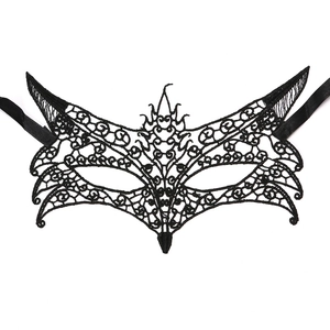 Elegant black lace masquerade eye mask with intricate swirl patterns for parties