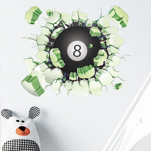 Detailed 3D wall sticker featuring a black 8-ball billiards design breaking through walls