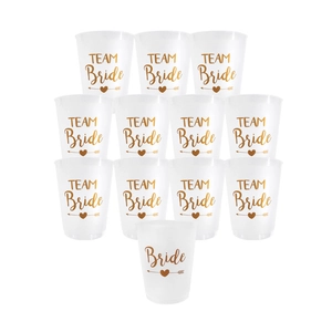 Set di 12 bicchieri in plastica bianca smerigliata con stampa oro Bride e Team Bride