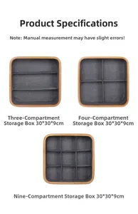Divided fabric storage boxes with bamboo frame in 3, 4, and 9 grid options, 30x30x9cm