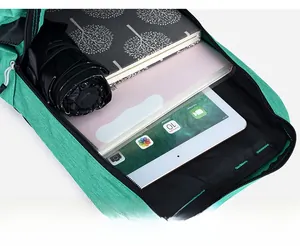 Top view of turquoise woven backpack showing large capacity with tablet and umbrella