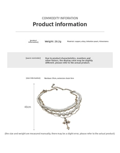 Size chart showing 39cm length, 9cm extension, and materials for the cross necklace
