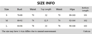 Detailed size chart for cutout crop top and long dress set with bust and hip measurements