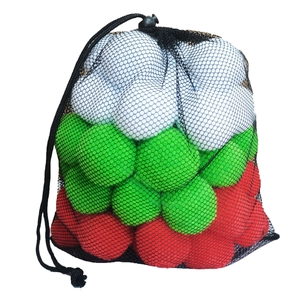 Mesh bag filled with red, green and white textured snowballs for Christmas party games