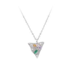 Detail of silver triangle pendant with orange, green, and purple gemstones and small diamonds