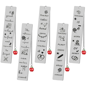 Five-piece stainless steel teacher bookmarks with apple charms and engraved quotes