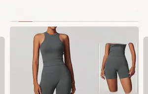 Gros plan détaillé de l'ensemble débardeur sans couture gris foncé et short côtelé